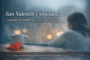 mujer de espaldas mirando la lluvia a través de la ventana, al lado, una taza y un corazón