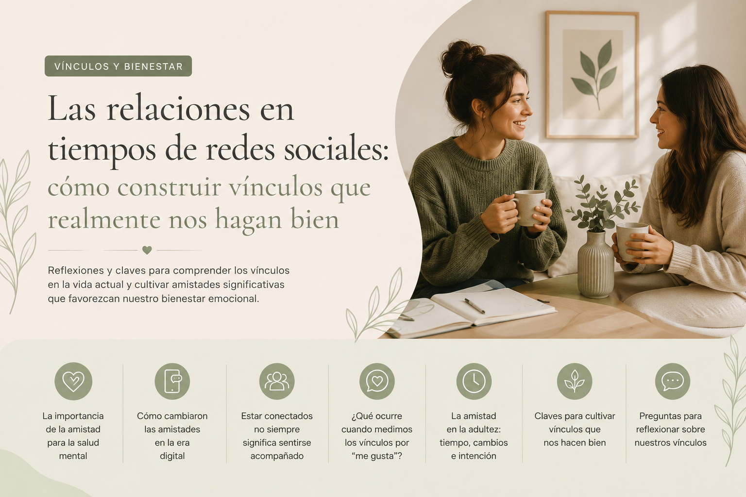Dos mujeres conversando y compartiendo un momento de conexión en un ambiente cálido, junto al título “Las relaciones en tiempos de redes sociales: cómo construir vínculos que realmente nos hagan bien”. Imagen de portada de artículo de sobre las relaciones en tiempos de redes sociales, la conexión emocional y cómo construir vínculos saludables y significativos.